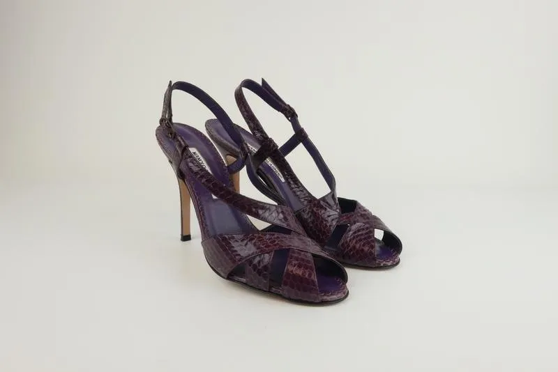 Manolo Blahnik Slingback Sandals Purple Snakeskin Size 39 Peep Toe Heel