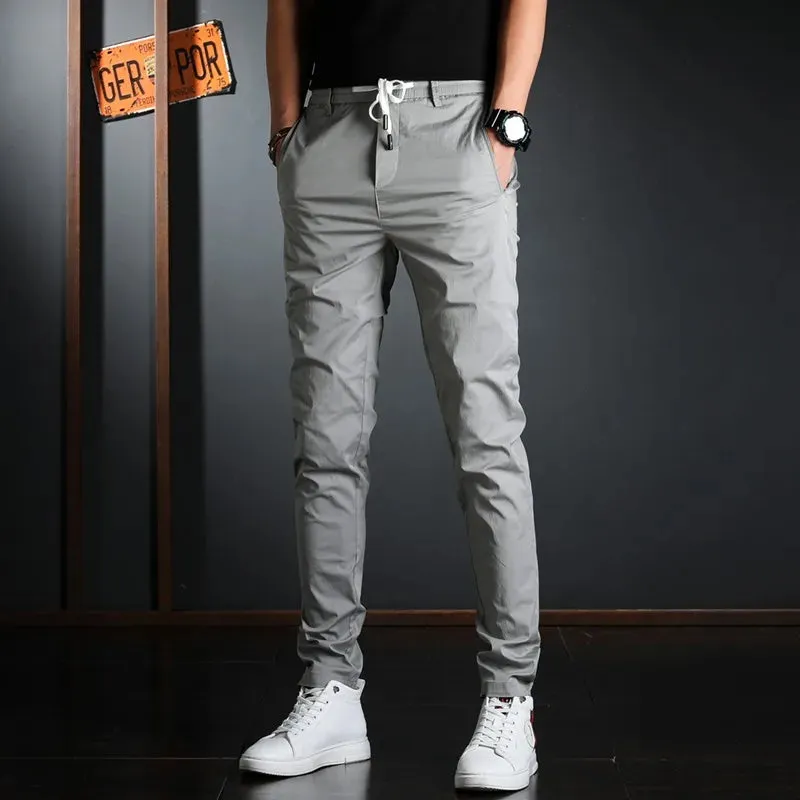 Men's Lightweight Cotton Gray Casual Pants - Summer Streetwear Slim Fit Trousers