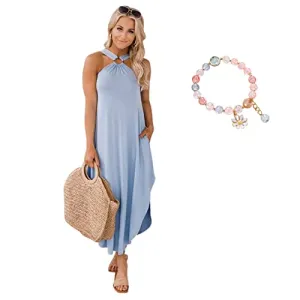 Miami Sunshine Maxi Dress, Women's Off Shoulder Sexy Summer Casual Comfort Halter Long Dress (Blue, Large)