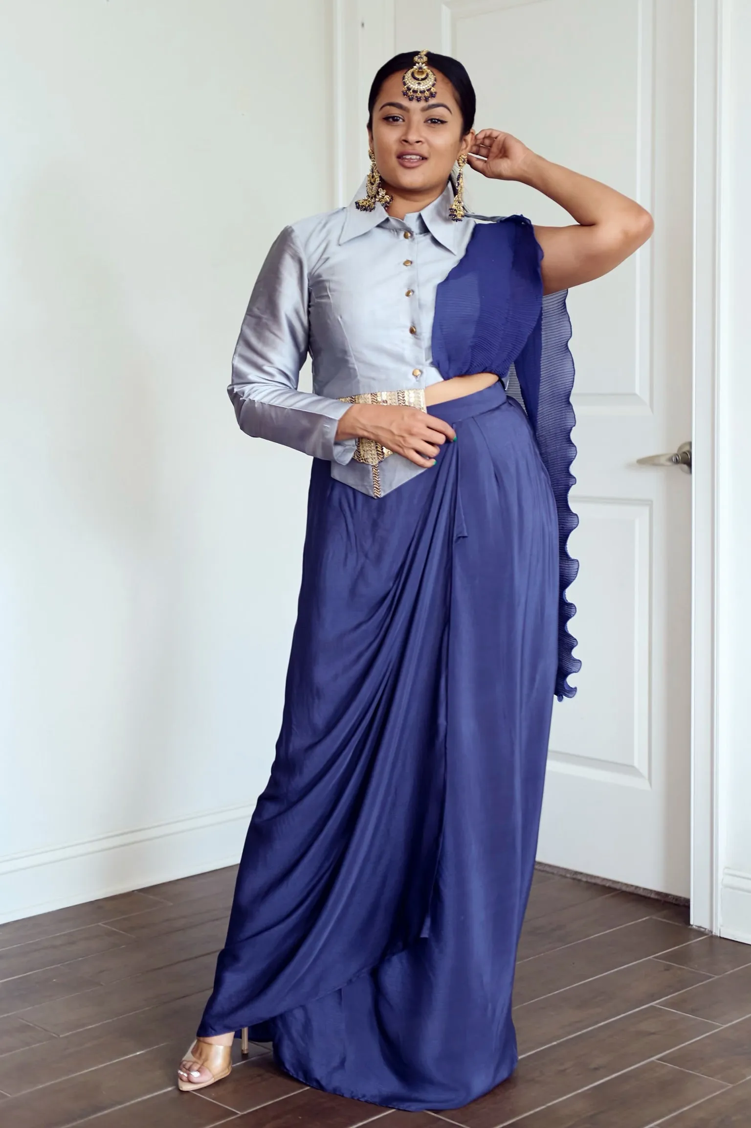 Midnight Blue Drape Skirt with Silver Military Blouse