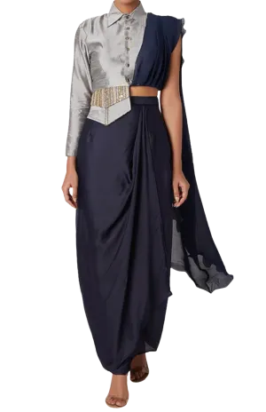 Midnight Blue Drape Skirt with Silver Military Blouse