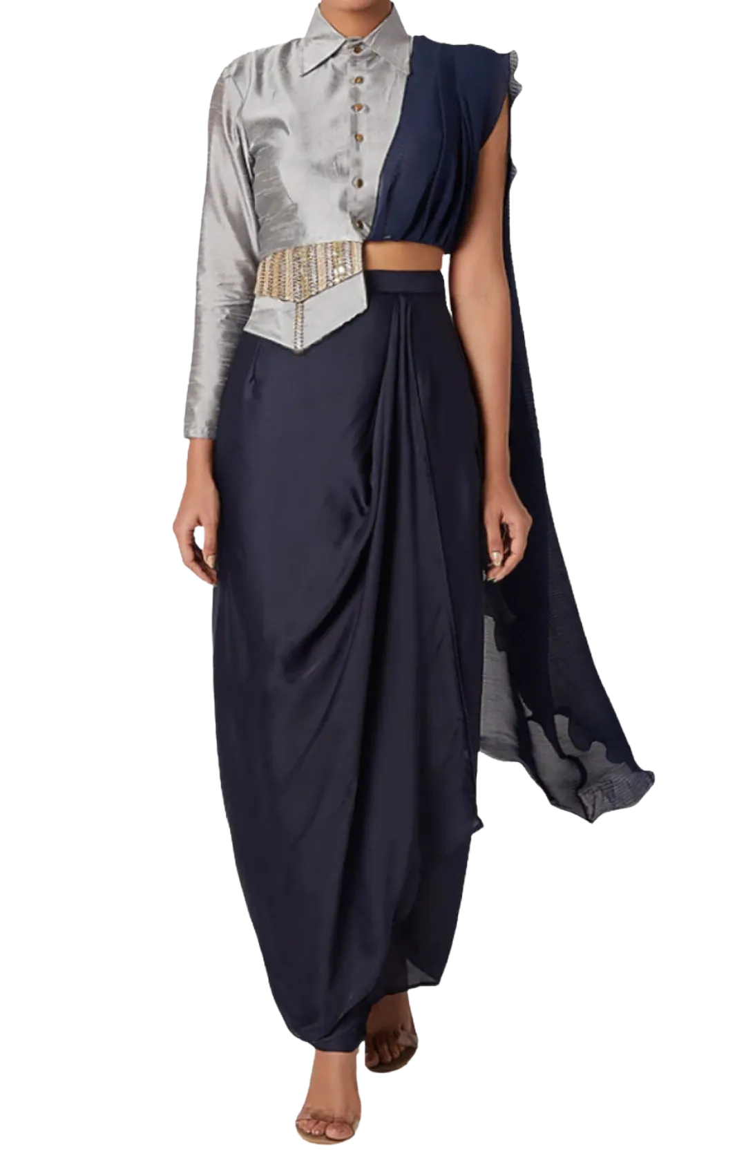 Midnight Blue Drape Skirt with Silver Military Blouse