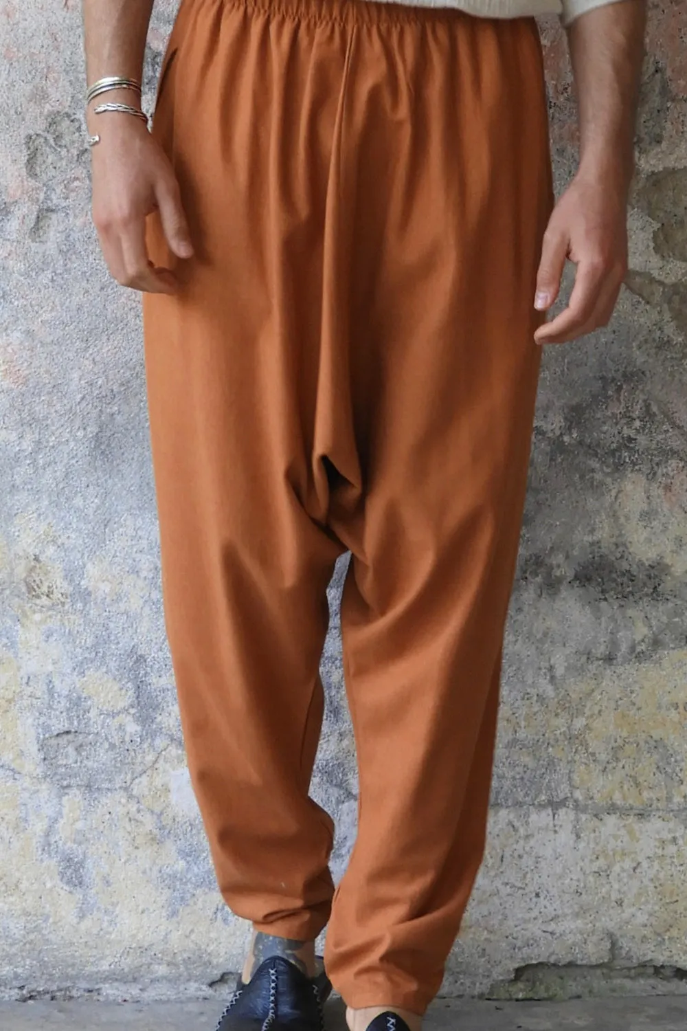 MOON Women's Linen Blend Harem Pants (Windsor Tan, Burnt Orange)