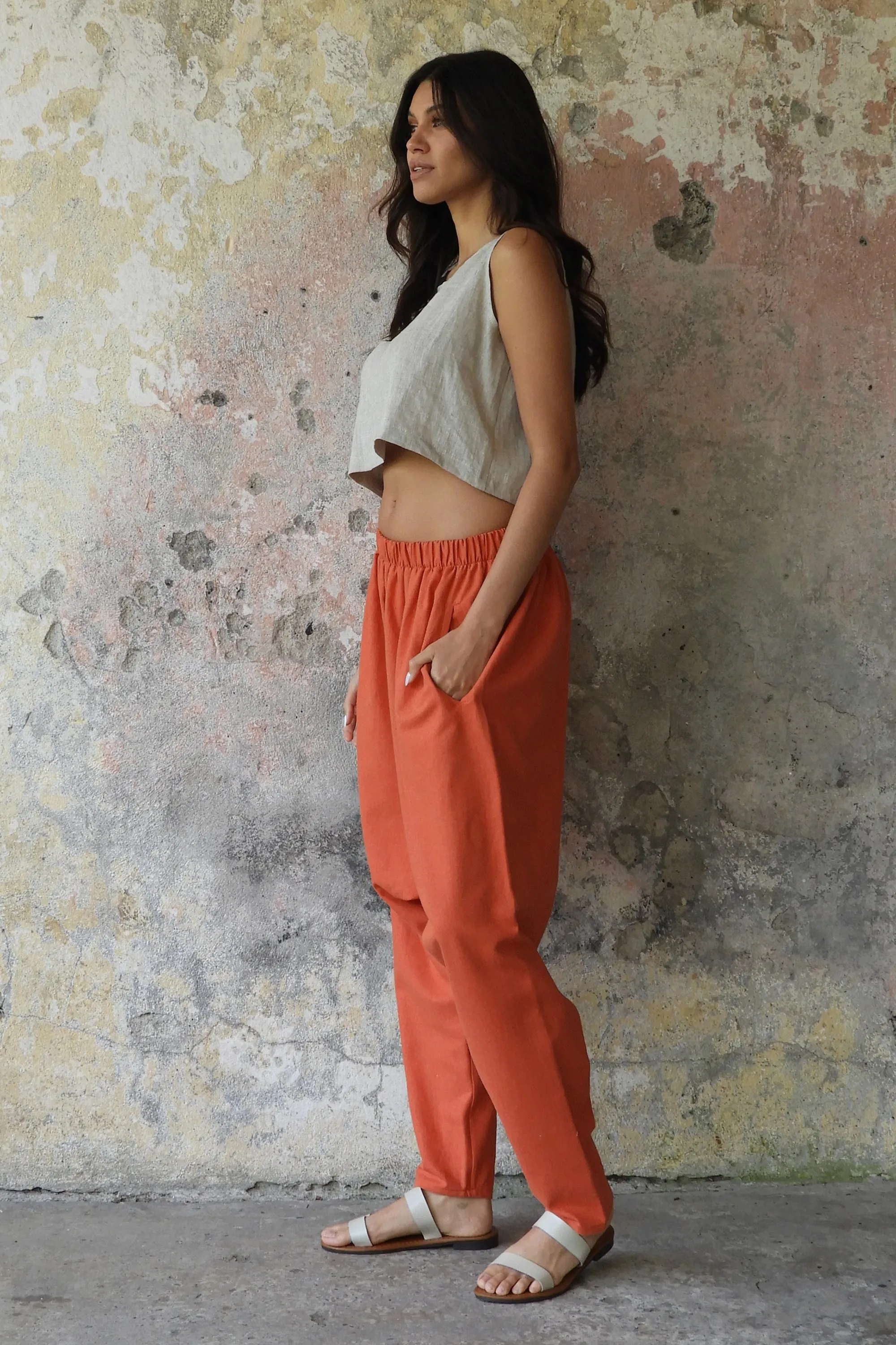 MOON Women's Linen Blend Harem Pants (Windsor Tan, Burnt Orange)