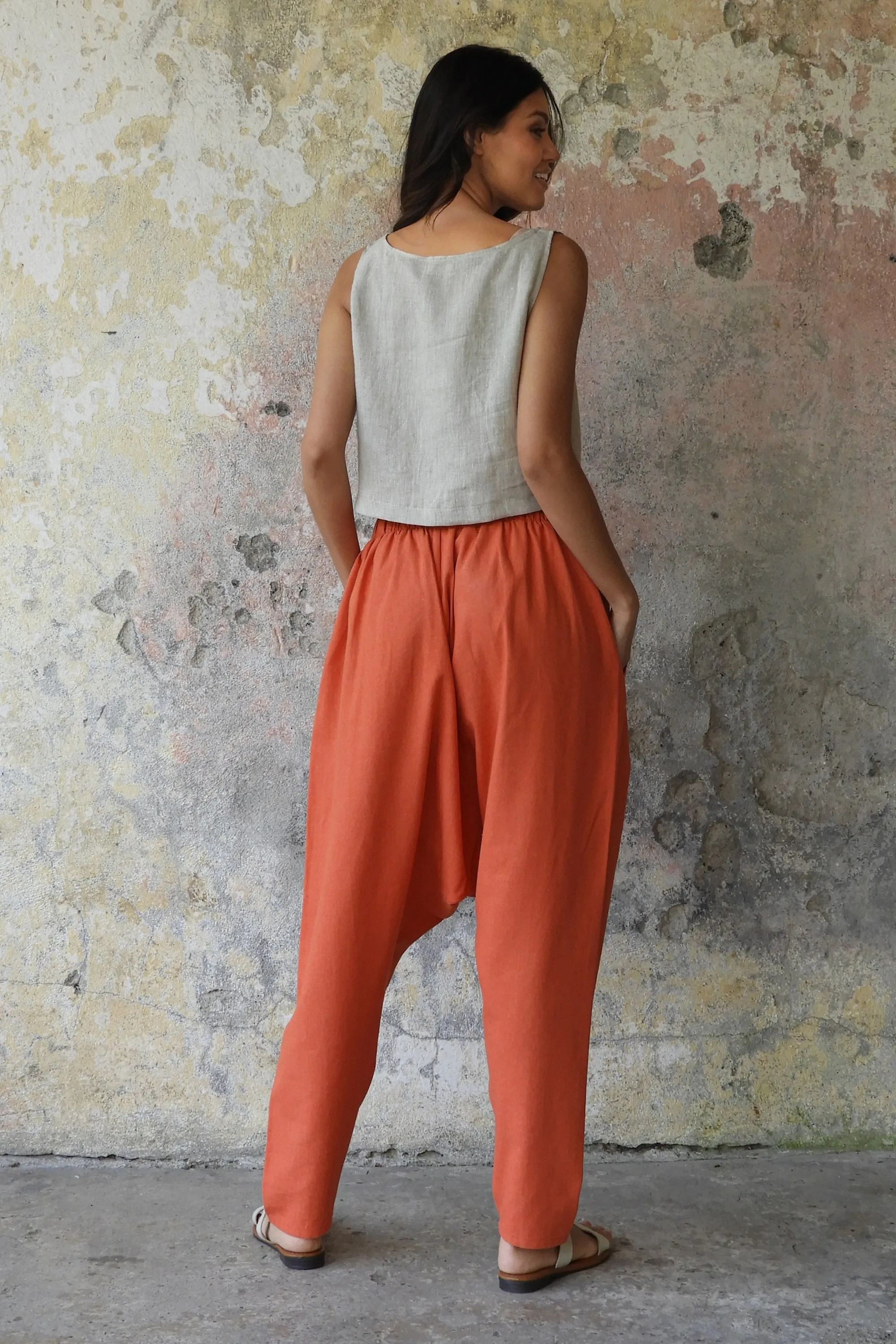 MOON Women's Linen Blend Harem Pants (Windsor Tan, Burnt Orange)