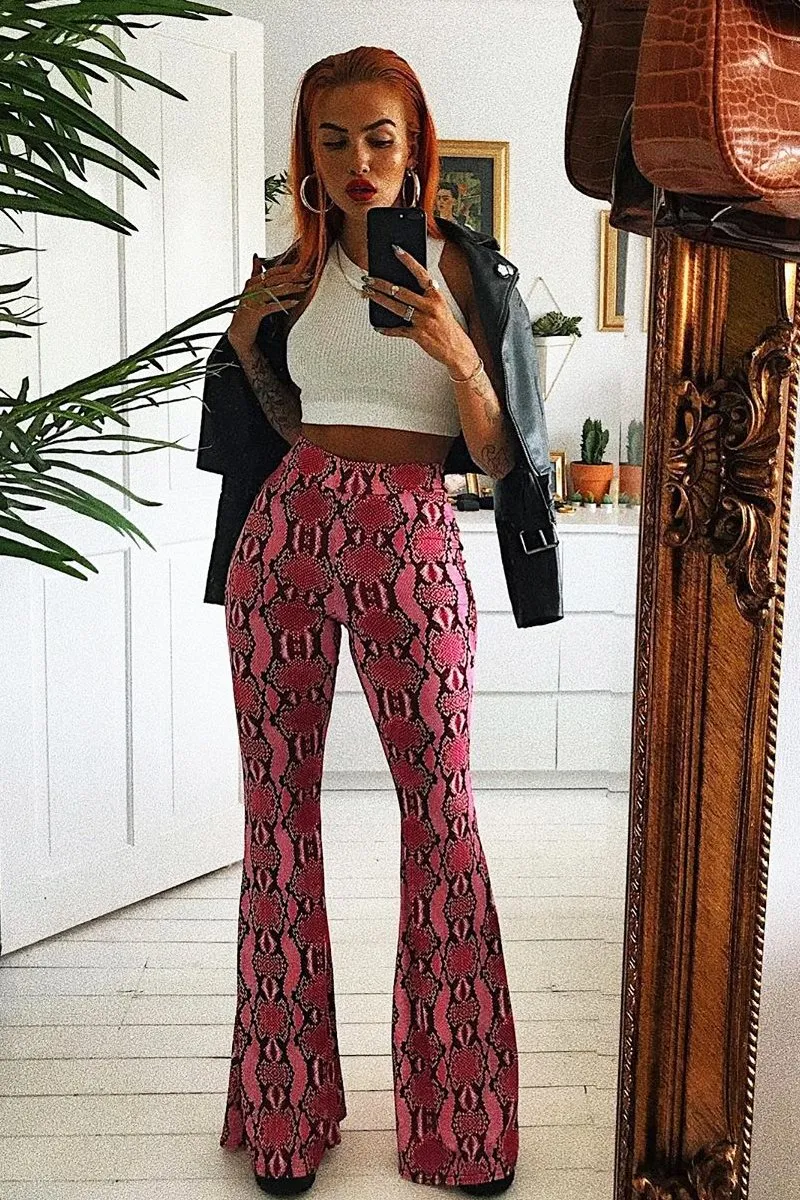 Neon Pink Snake Print Flared Trousers - Mianna