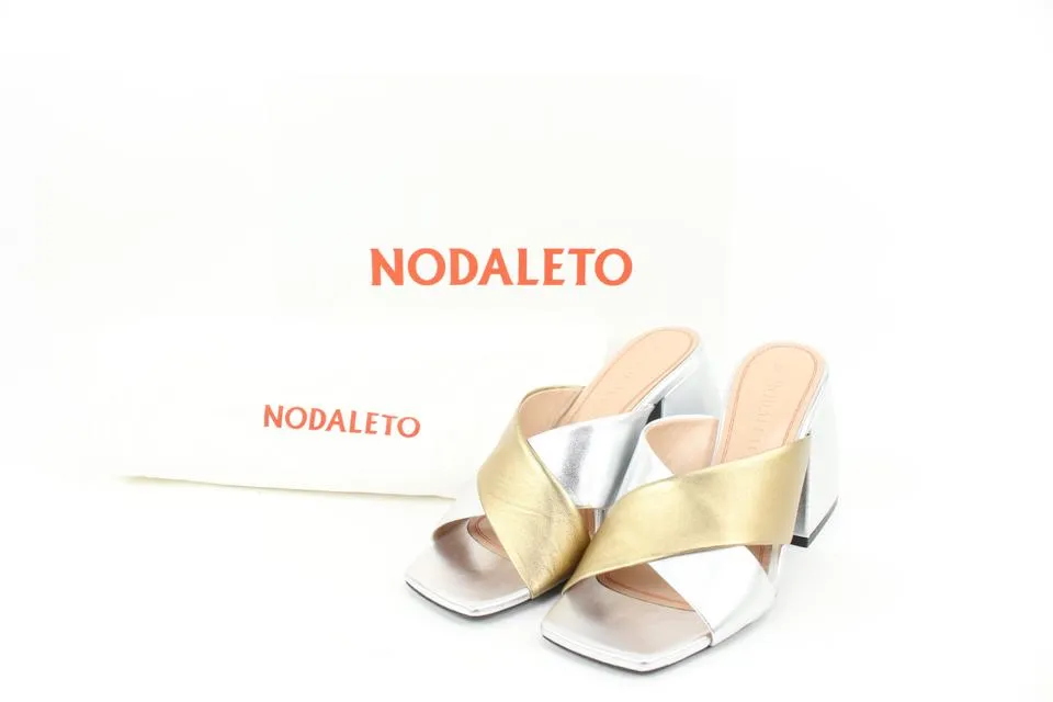 Nodaleto Size 39 Silver x Gold Leather Bulla Banks Block Heel Sandals 8no34s