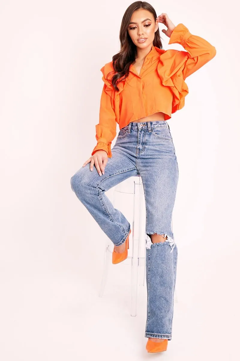 Orange Ruffle Shoulder Cropped Shirt - Fiorella