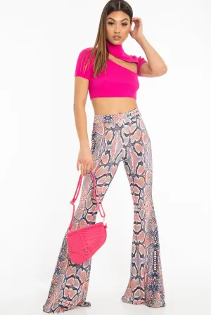 Orange Yellow Black Snake Print Flared Trousers - Mianna