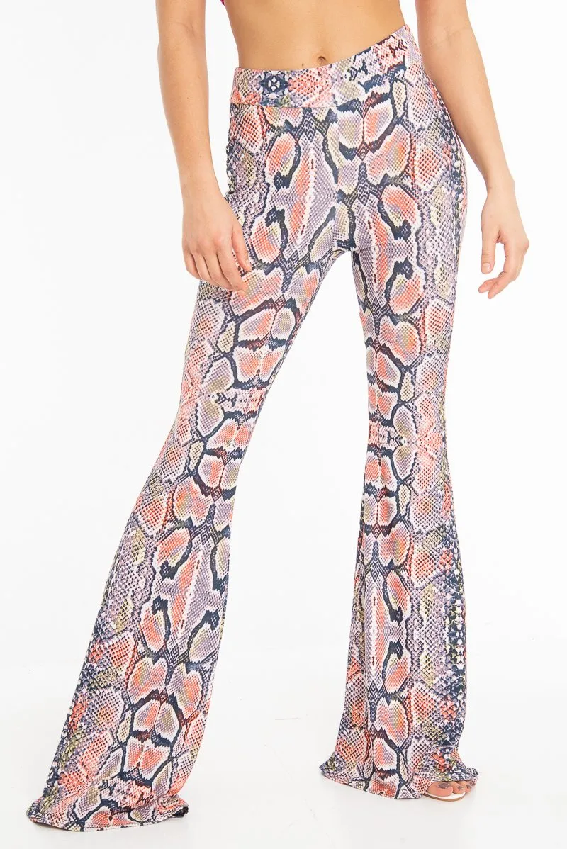 Orange Yellow Black Snake Print Flared Trousers - Mianna