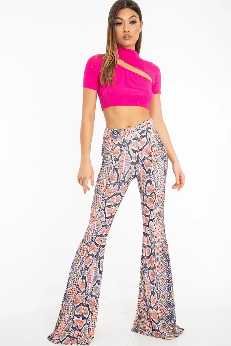 Orange Yellow Black Snake Print Flared Trousers - Mianna