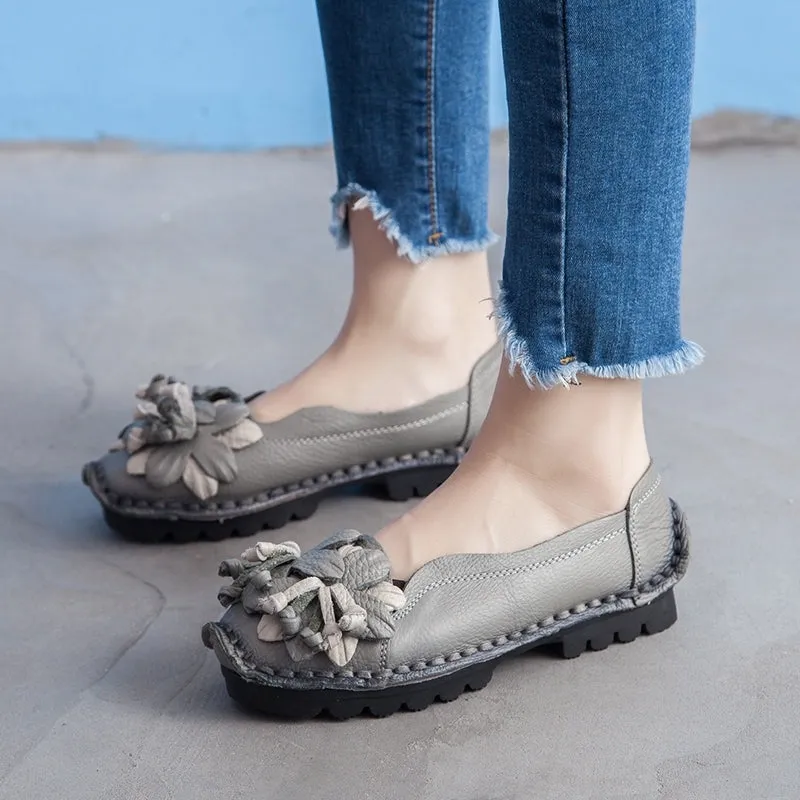 Perforated Flower Deco Head Leather Flats Loafers - Rumour Has It