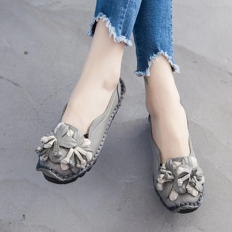 Perforated Flower Deco Head Leather Flats Loafers - Rumour Has It