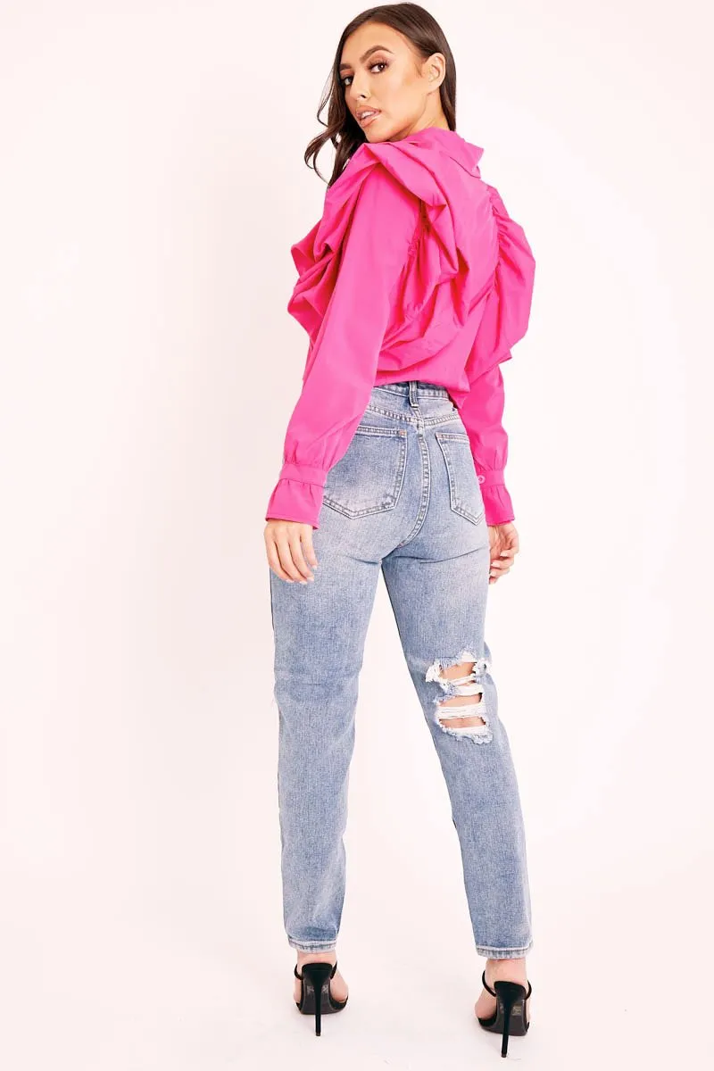 Pink Ruffle Shoulder Cropped Shirt - Fiorella