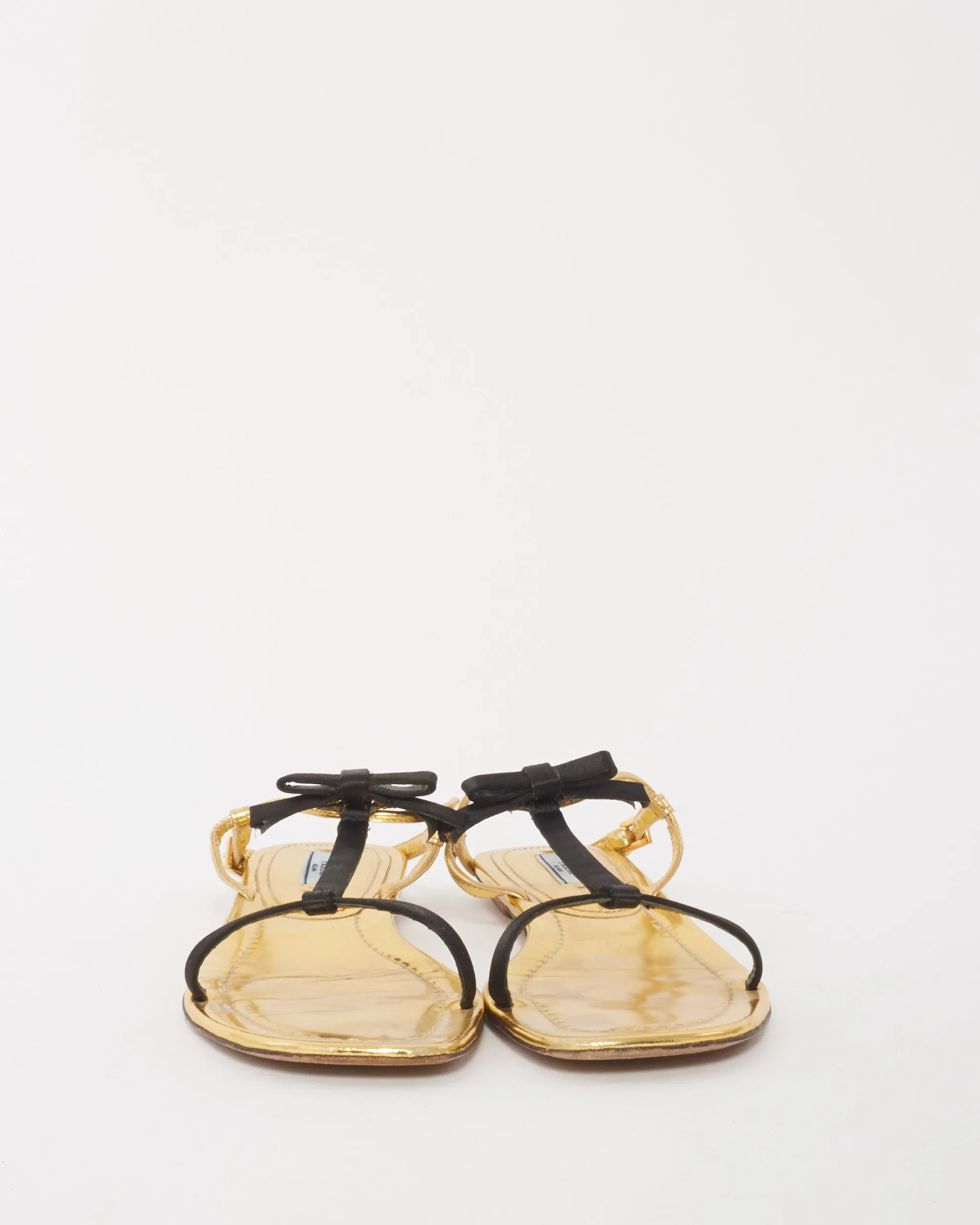 Prada Gold Patent Leather Black Bow Sandals - 37.5