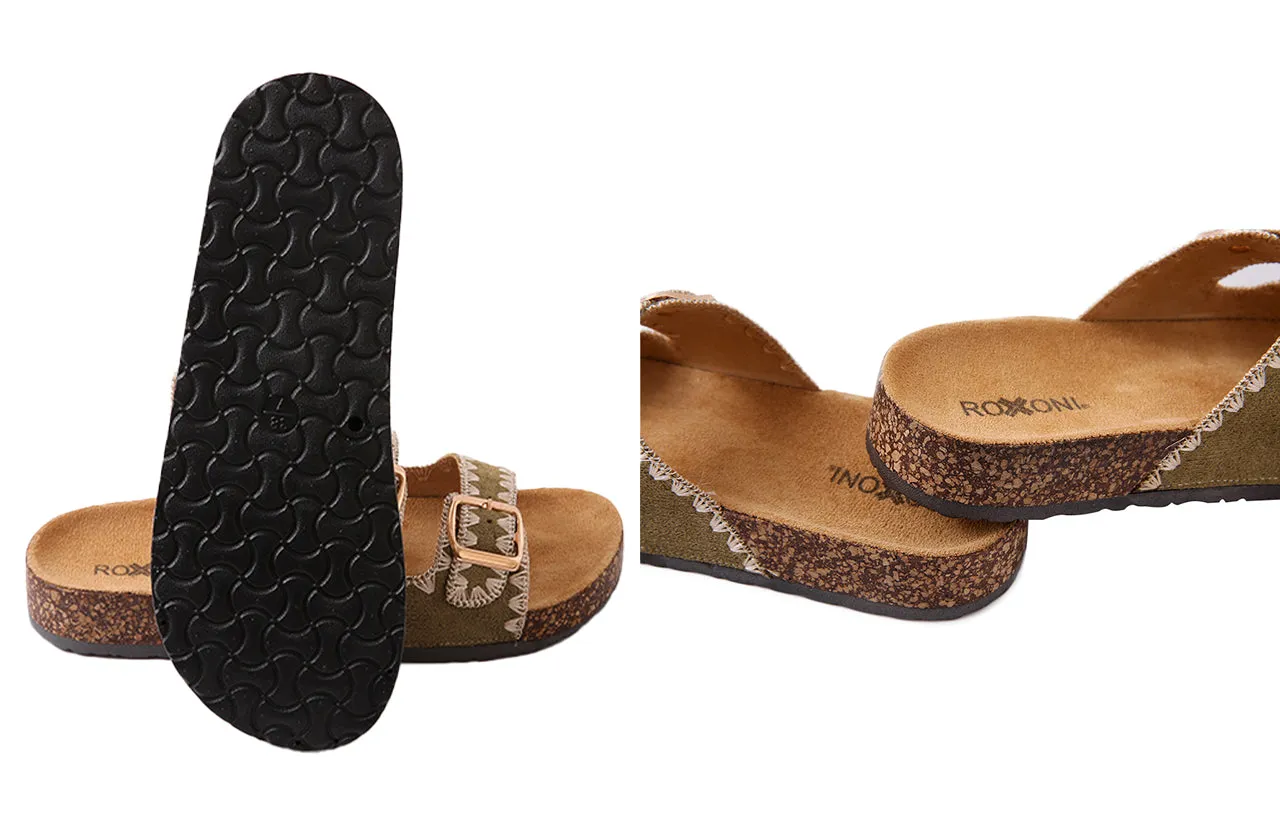 Roxoni Women's Fashion Cork Sole Double Buckle Indoor/Outdoor Sandal