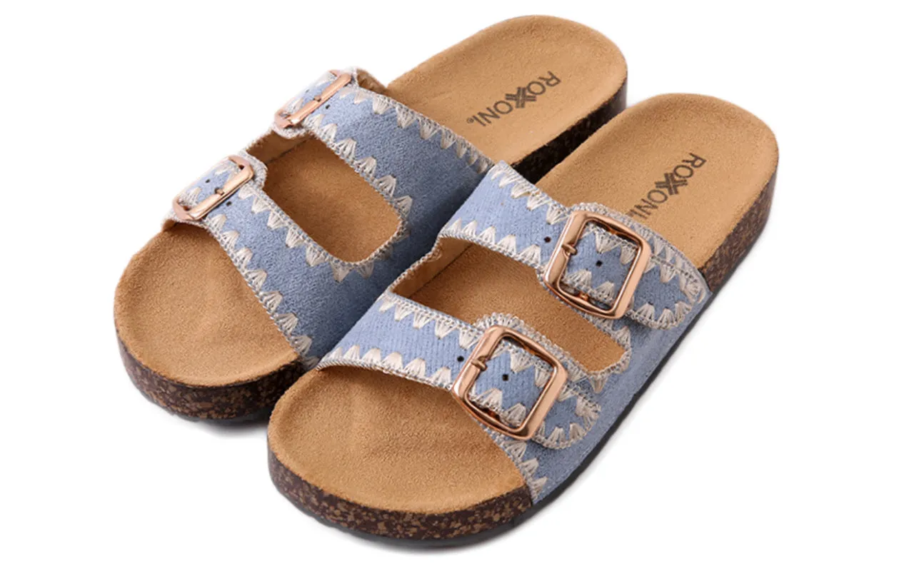 Roxoni Women's Fashion Cork Sole Double Buckle Indoor/Outdoor Sandal