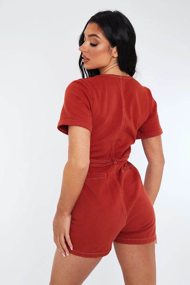 Rust Denim Utility Zip Up Playsuit - Addo