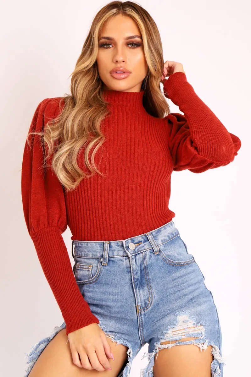 Rust High Neck Balloon Sleeve Jumper - Harriet