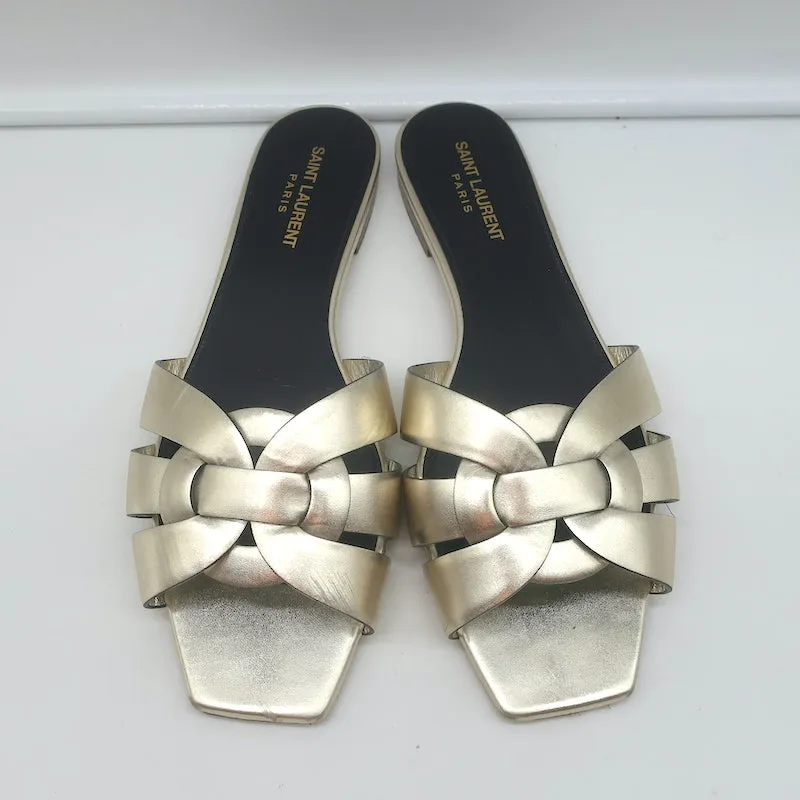 Saint Laurent Tribute Nu Pieds Flat Sandals Pale Gold Metallic Leather Size 40