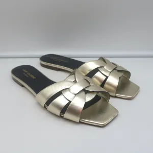 Saint Laurent Tribute Nu Pieds Flat Sandals Pale Gold Metallic Leather Size 40