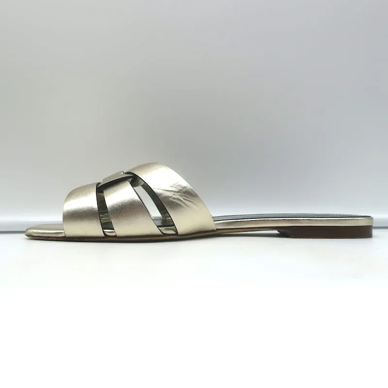 Saint Laurent Tribute Nu Pieds Flat Sandals Pale Gold Metallic Leather Size 40