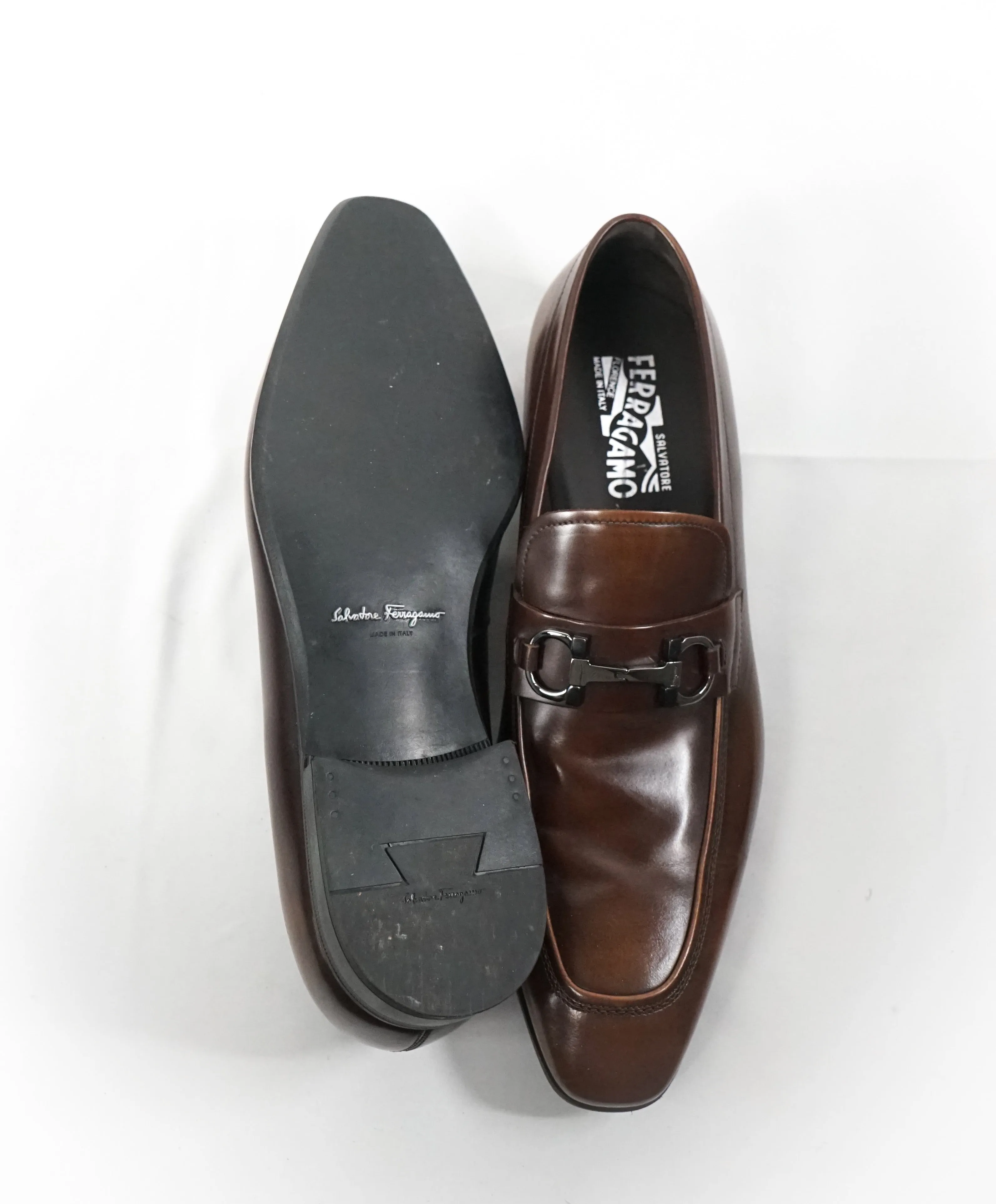 SALVATORE FERRAGAMO -“Dinamo” 2 Tone Gancini Bit Brown Leather Loafers - 11.5 D