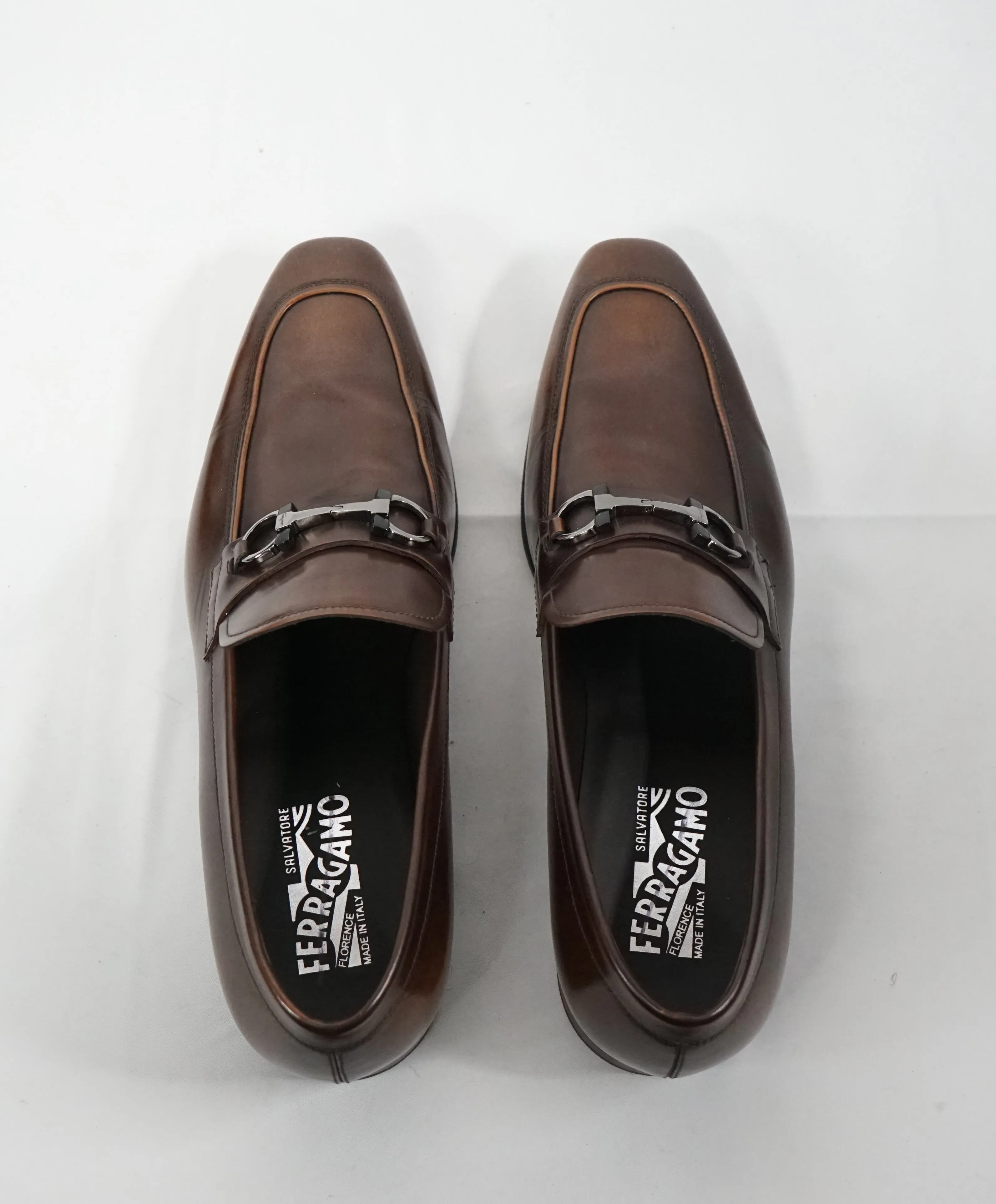 SALVATORE FERRAGAMO -“Dinamo” 2 Tone Gancini Bit Brown Leather Loafers - 11.5 D