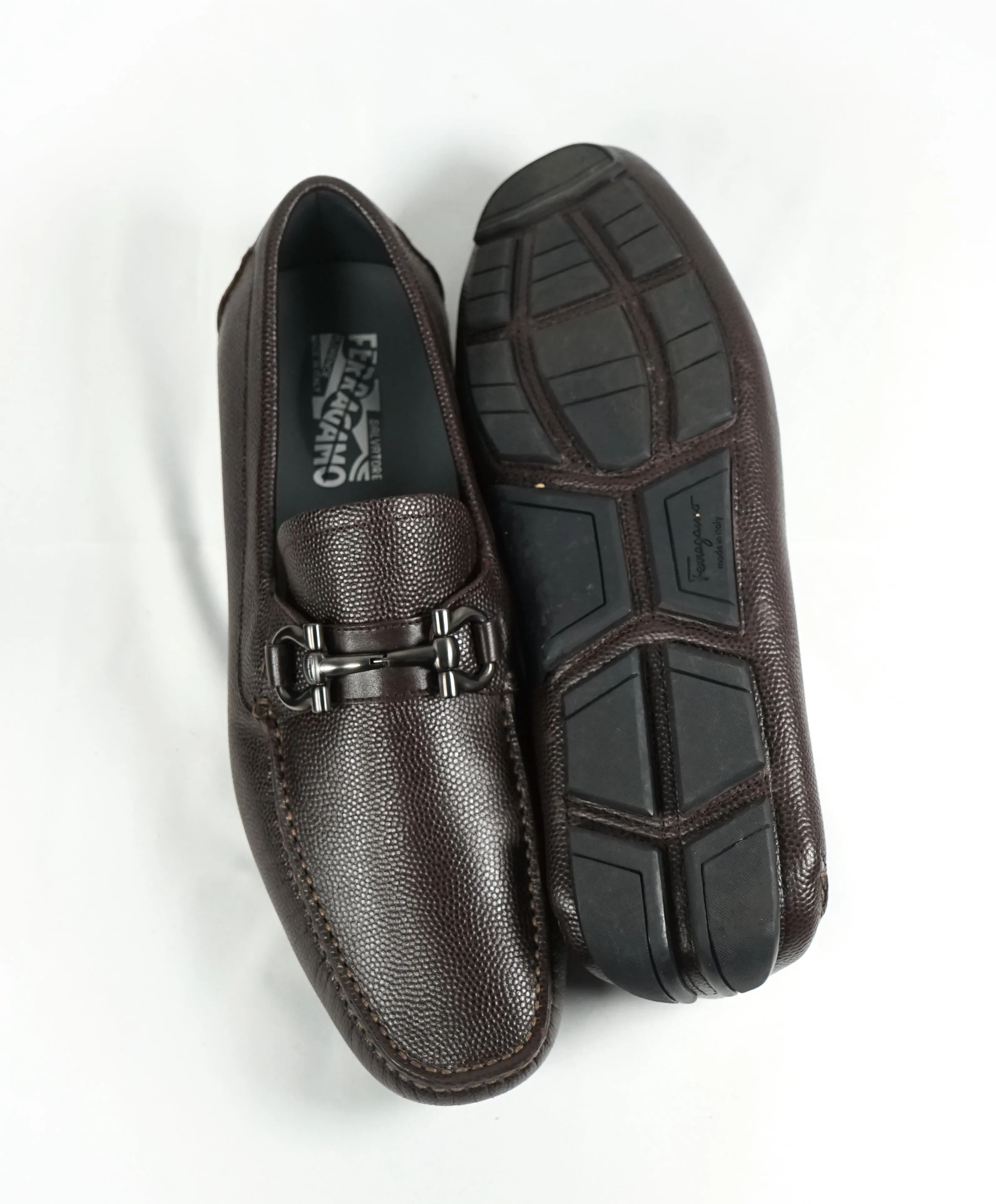 SALVATORE FERRAGAMO - “Parigi” Brown Grained Pebbled Leather Loafers - 9.5 EE