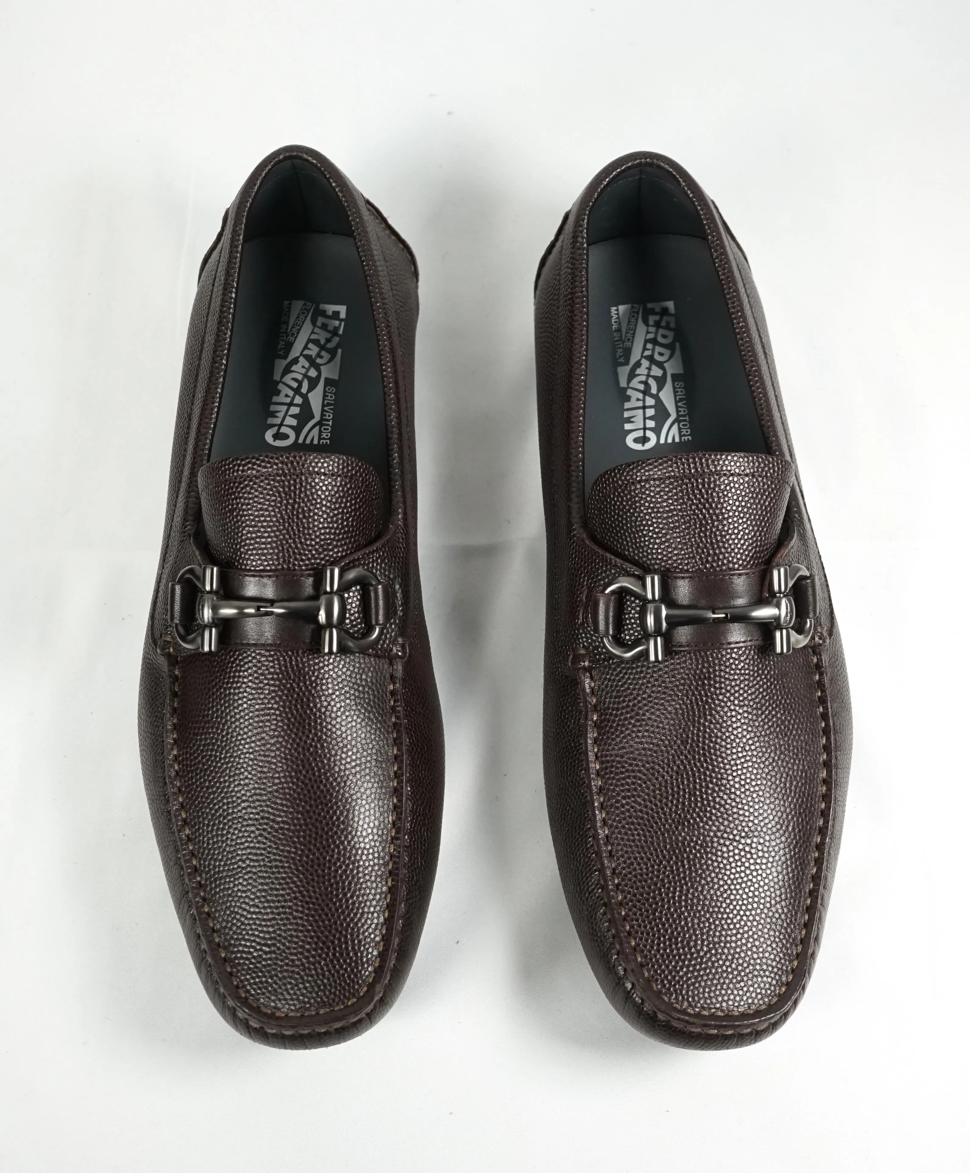 SALVATORE FERRAGAMO - “Parigi” Brown Grained Pebbled Leather Loafers - 9.5 EE