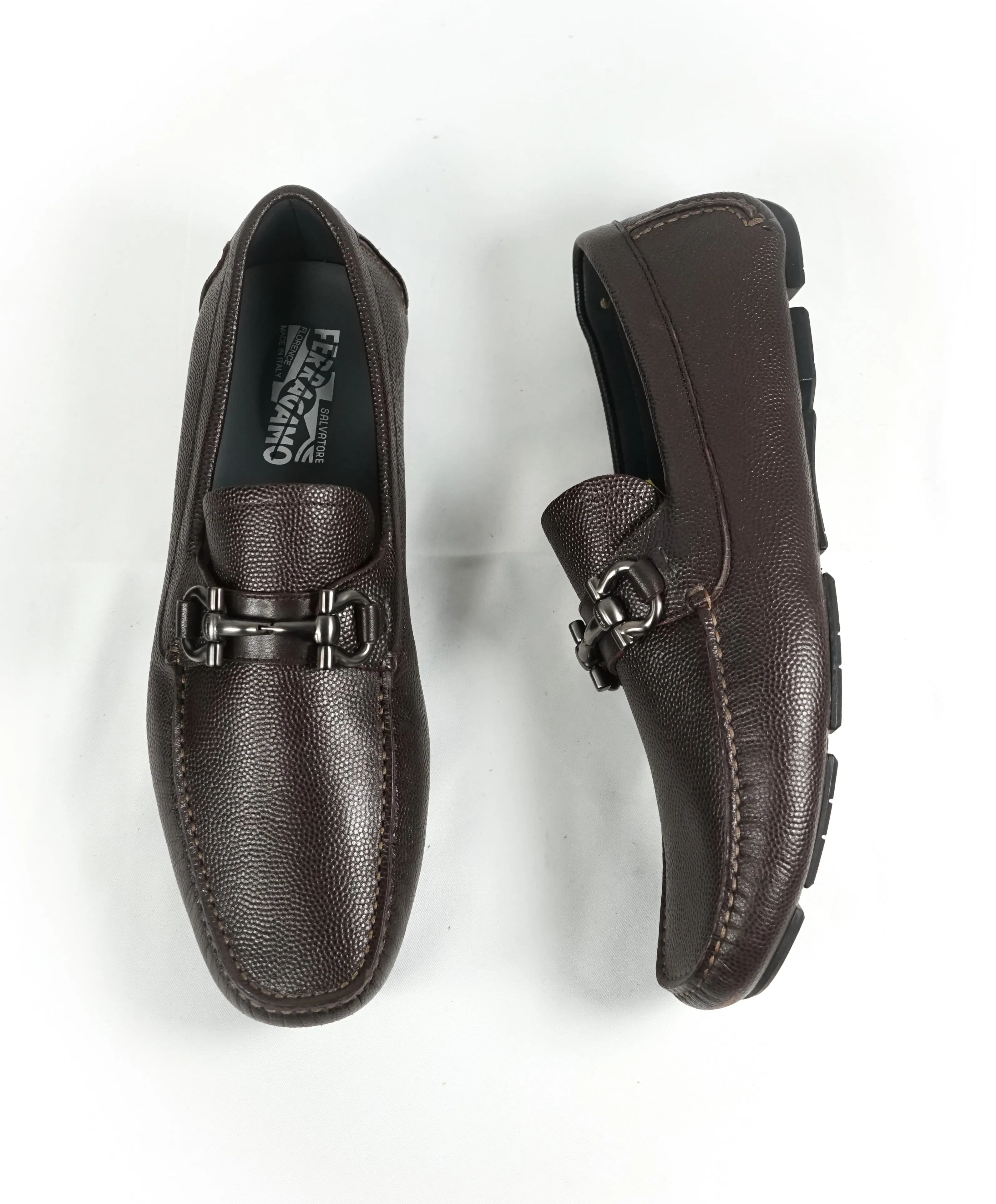 SALVATORE FERRAGAMO - “Parigi” Brown Grained Pebbled Leather Loafers - 9.5 EE