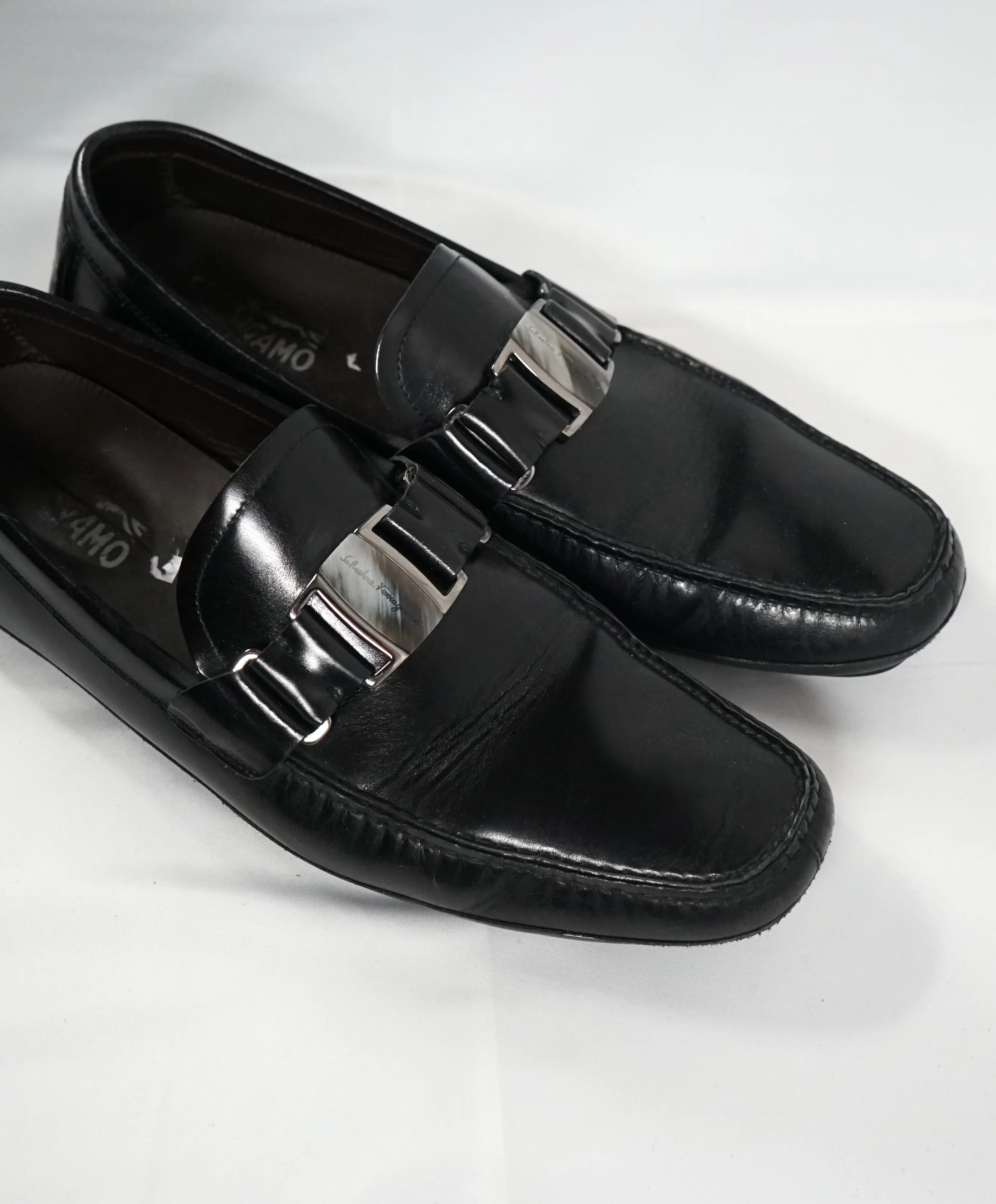 SALVATORE FERRAGAMO - “Sardegna” Two Tone Engraved Black Leather Loafers - 12 D