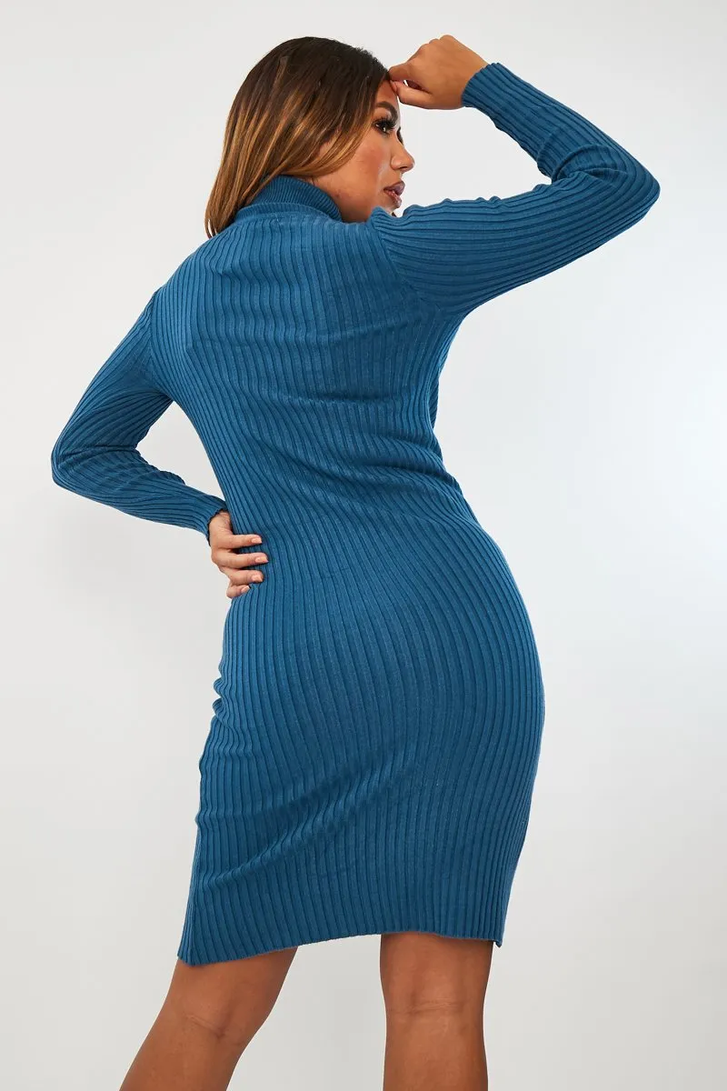 Teal Blue Ribbed Roll Neck Midi Dress - Ema