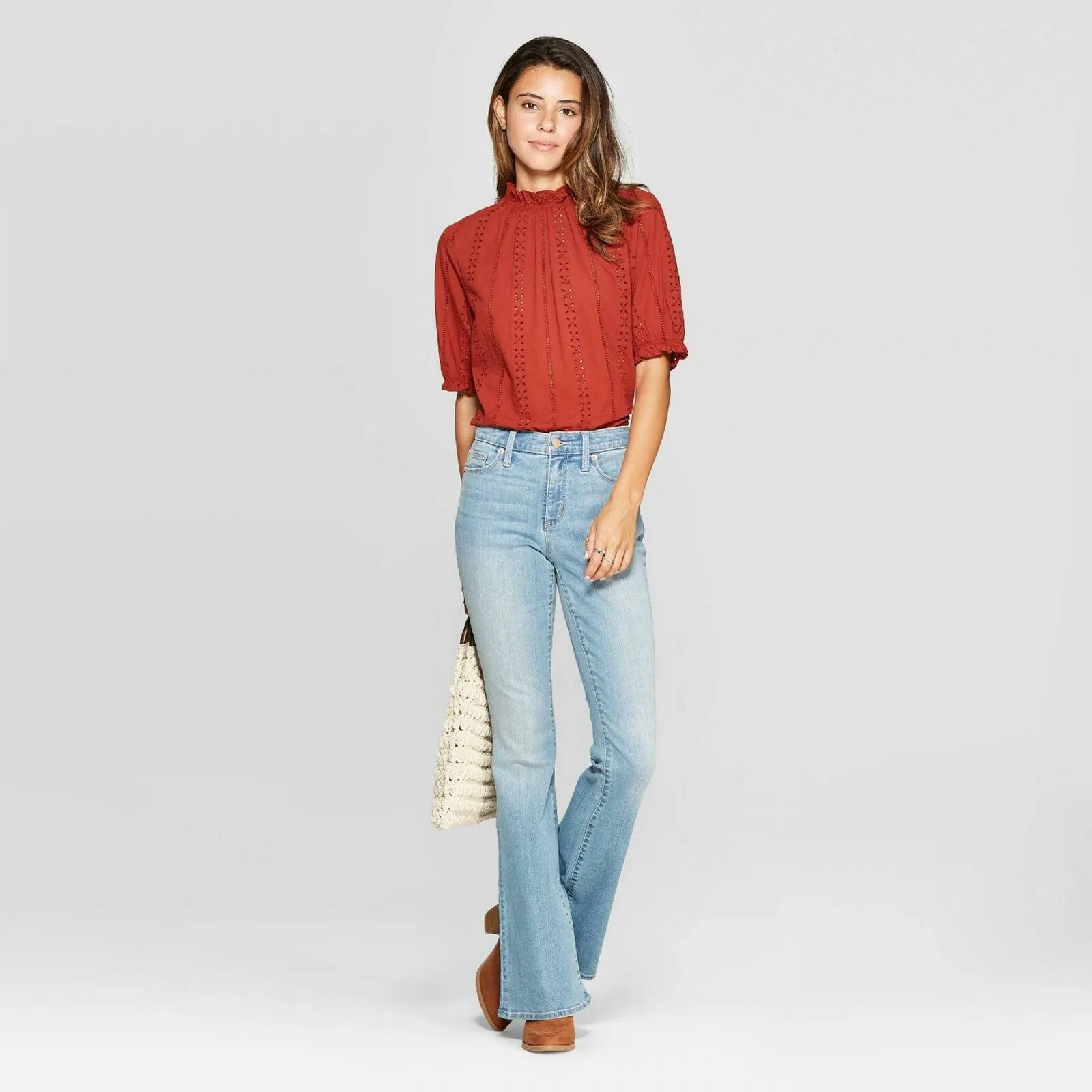 Universal Thread Women's Bishop Short Sleeve Crewneck Eyelet Top