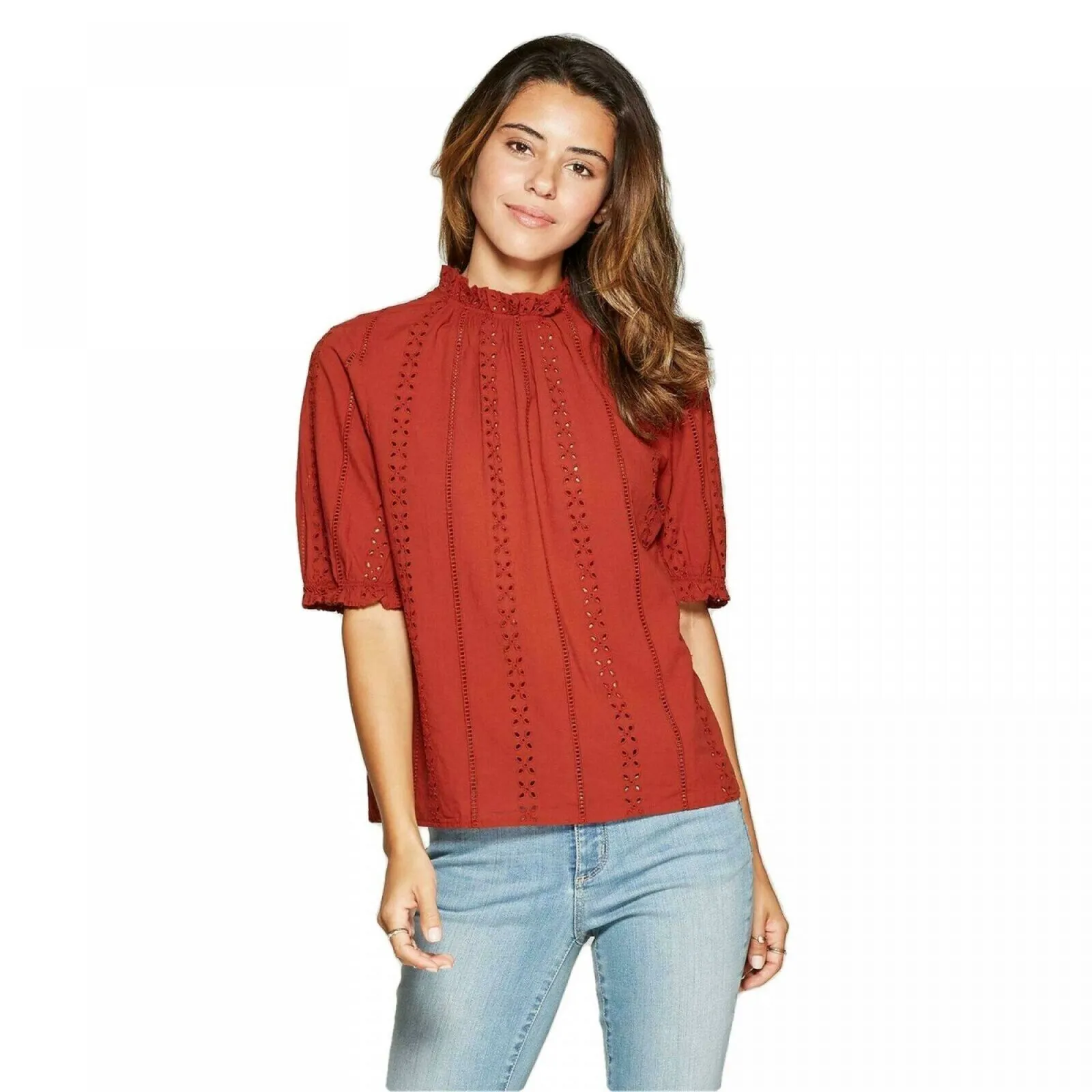 Universal Thread Women's Bishop Short Sleeve Crewneck Eyelet Top