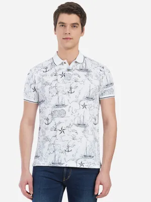 White Printed Slim Fit Polo T-Shirt | Greenfibre