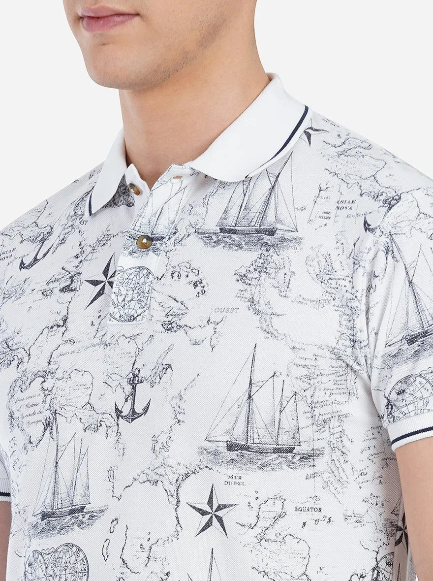 White Printed Slim Fit Polo T-Shirt | Greenfibre