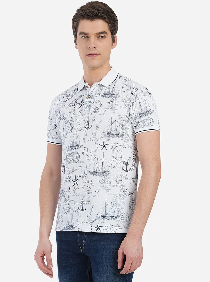 White Printed Slim Fit Polo T-Shirt | Greenfibre