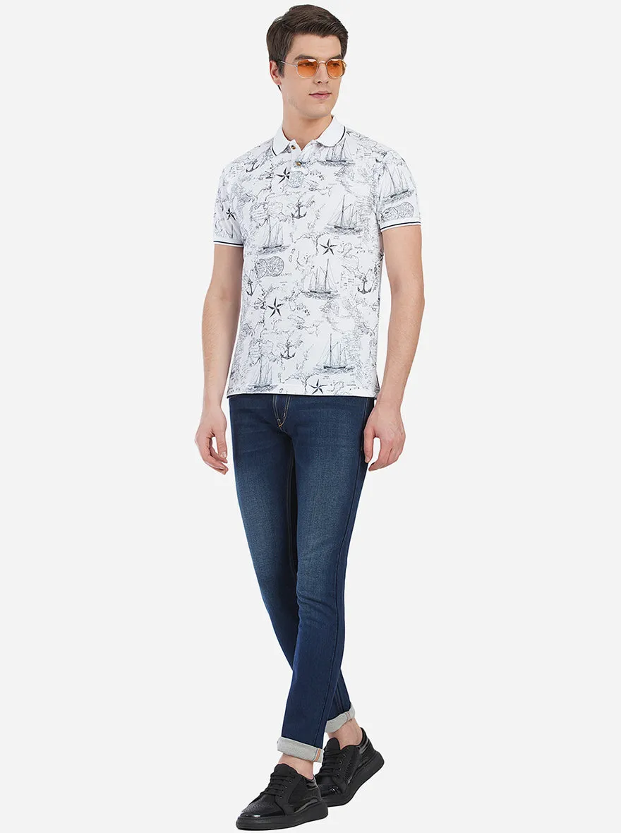 White Printed Slim Fit Polo T-Shirt | Greenfibre