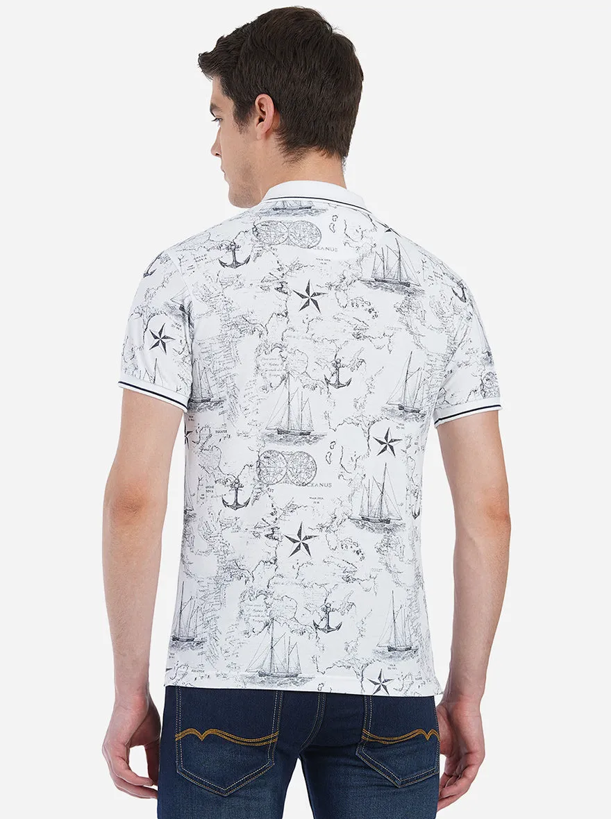 White Printed Slim Fit Polo T-Shirt | Greenfibre