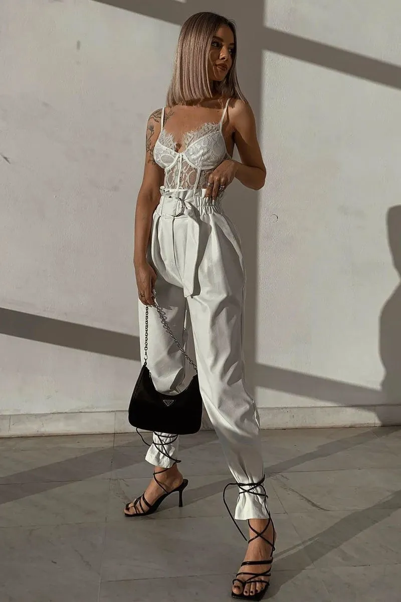 White Ring Belt Straight Leg PU Trousers - Jazmine