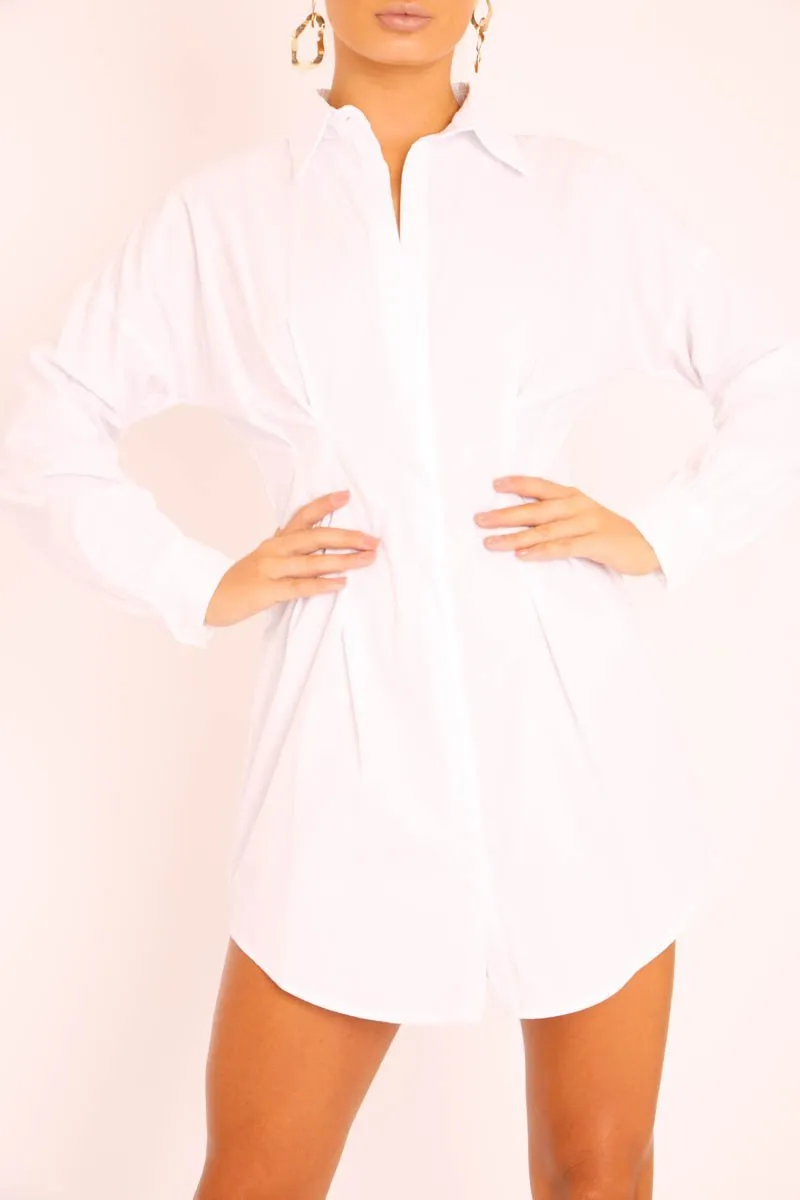 White Tailored Waist Long Sleeve Shirt Dress - Laritza