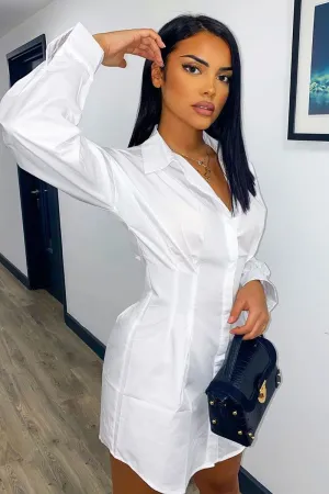 White Tailored Waist Long Sleeve Shirt Dress - Laritza