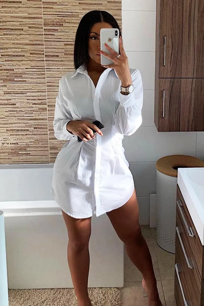 White Tailored Waist Long Sleeve Shirt Dress - Laritza