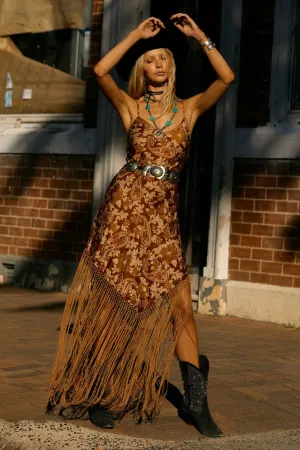 Wonderful Tonight Silk   Fringe Slip Dress - Autumn Floral Paisley