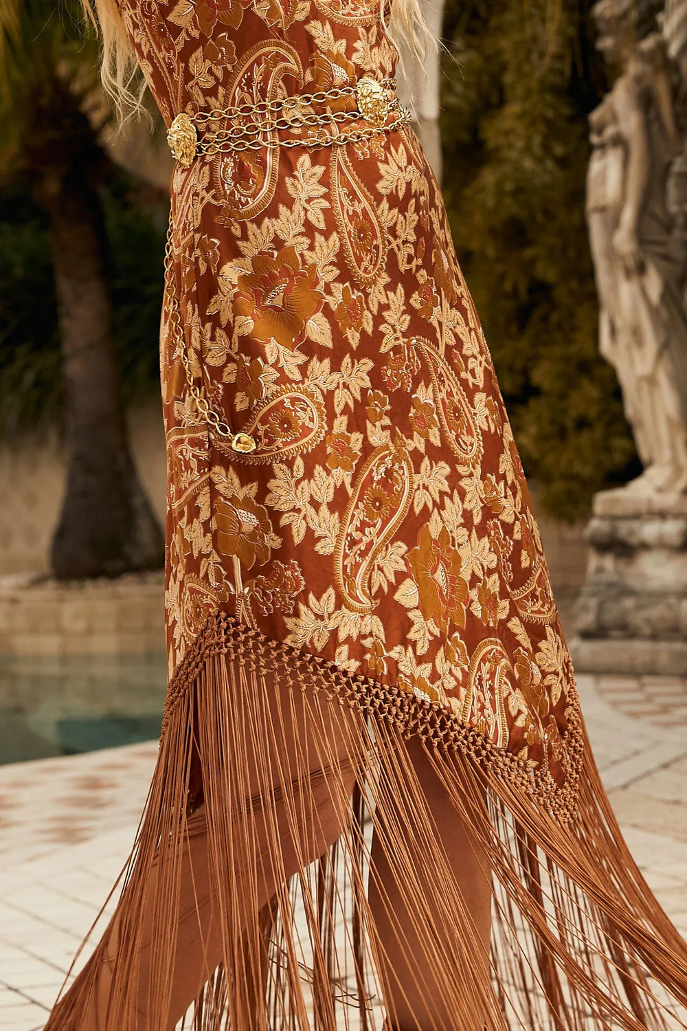 Wonderful Tonight Silk   Fringe Slip Dress - Autumn Floral Paisley